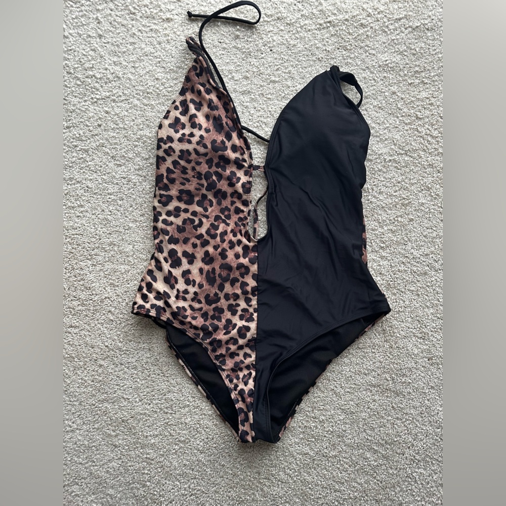 Leopard Print and Black One Piece Swimsuit
